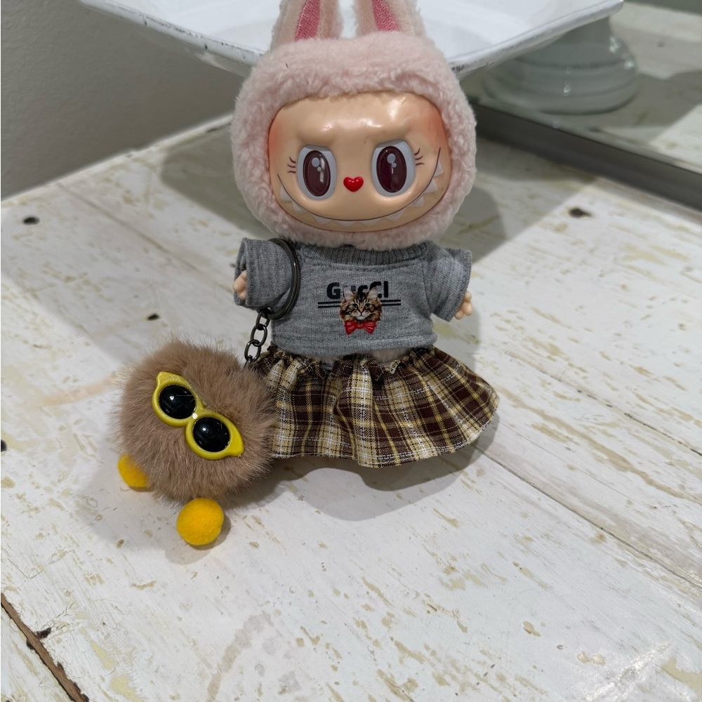 Labubu 3 piece outfit, tee skirt and Pom Pom keychain